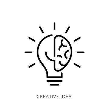 Creative idea flat line icon. Brain in lightbulb vector illustration. Thin sign of innovation, solution, education logo