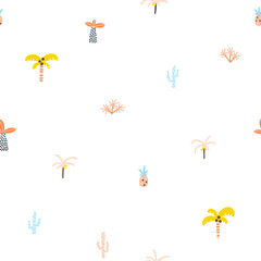 Tropical jungle seamless pattern. Palm trees and plants in a simple hand-drawn Scandinavian doodle style. Nursery pastel palette for printing baby clothes, textiles fabrics. Vector cartoon background
