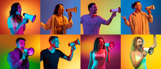 Portraits of different models on multicolored background in neon light. Flyer, collage made of models. Concept of emotions, facial expression, sales, advertising.