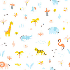 Obraz premium Tropical jungle seamless pattern. Animals and palms. Simple hand-drawn Scandinavian doodle style. Nursery pastel palette is ideal for printing baby clothes textiles fabrics. Vector cartoon background.