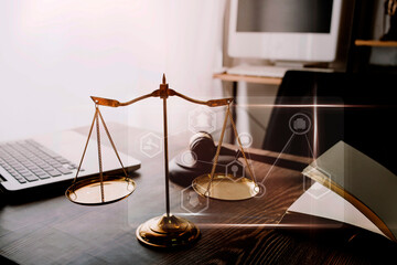 Business and lawyers discussing contract papers with brass scale on desk in office. Law, legal...