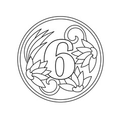 Coloring book. Decorated with flowers number 6 in a round frame. Vector floral composition in monochrome design