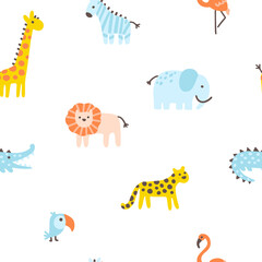 Tropical jungle seamless pattern. Cute wild animals in a simple hand-drawn Scandinavian doodle style. Nursery pastel palette is ideal for printing baby clothes, fabrics. Vector cartoon background.