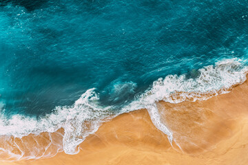 Relaxing aerial beach scene, summer vacation holiday template banner. Waves surf with amazing blue...