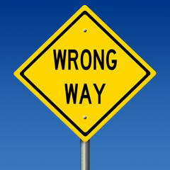 Rendering of a yellow WRONG WAY highway sign.