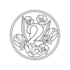Coloring book. Number 2 with flowers, buds and leaves in a round frame, a decorative ornament for a greeting card, invitations, greetings.