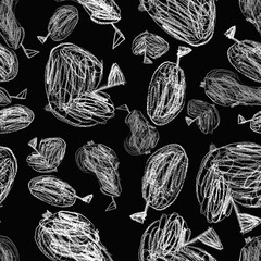 On a black background there are apples, pears and plums. They are all painted in dark color, like a small child.
Whitr fruits are arranged chaotically, dominated by white and black.