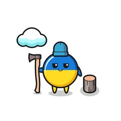 Character cartoon of ukraine flag badge as a woodcutter
