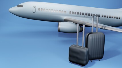 Airplane travel concept. 
Suitcases and a plane on blue background. 
3d illustration.