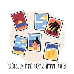 World photography day greeting card with lettering. Summer vacation pics with landscapes, selfie, sightseeing. 