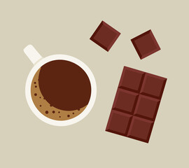 Hand-drawn illustration of a cup of coffee and chocolate bar. Colored flat vector illustration isolated on beige. Suitable for coffee shops, leisure illustrations, breaks for sweets. Slow living.