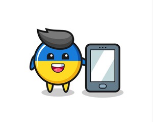 ukraine flag badge illustration cartoon holding a smartphone