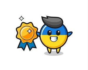 ukraine flag badge mascot illustration holding a golden badge