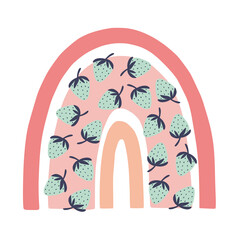 Scandinavian style hand drawn rainbow with strawberries. Cute vector illustration