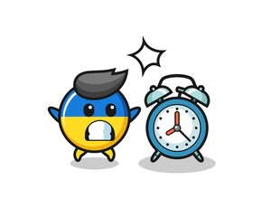 Cartoon Illustration of ukraine flag badge is surprised with a giant alarm clock