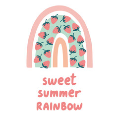 Scandinavian style hand drawn rainbow with strawberries and lettering. Cute vector illustration