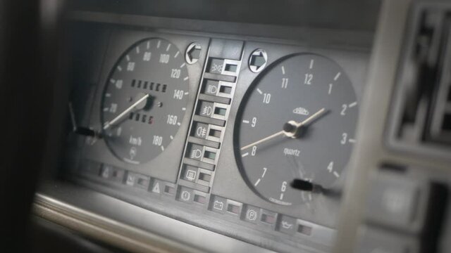 Bratislava, Slovakia - JAN 1, 2021: Interior dashboard dials gauge from classic car Skoda Favorit designed by Bertone