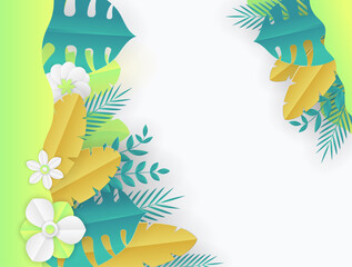 Obraz premium Colorful summer tropical background vector. Palm leaves, monstera leaf, Botanical background design for wall framed prints, wall art, invitation, canvas prints, poster, home decor, cover, wallpaper.