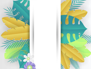 Colorful summer tropical background vector. Palm leaves, monstera leaf, Botanical background design for wall framed prints, wall art, invitation, canvas prints, poster, home decor, cover, wallpaper.