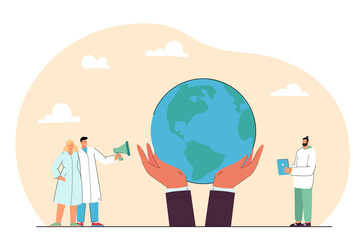 Doctors with megaphone next to huge hands holding Earth. Medical professionals making announcement flat vector illustration. World health day, healthcare concept for banner, website design