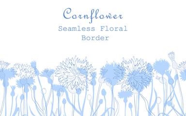 Seamless Border Made with Hand Drawn Cornflower