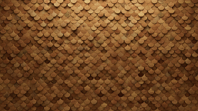 Fish Scale, Soft sheen Mosaic Tiles arranged in the shape of a wall. Timber, 3D, Blocks stacked to create a Wood block background. 3D Render
