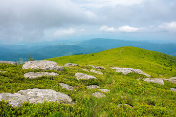 summer nature landscape. grassy meadow with stones on the hill in mountainous scenery beneath a...