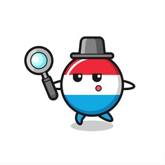 Fototapeta na wymiar luxembourg flag badge cartoon character searching with a magnifying glass