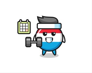 luxembourg flag badge mascot cartoon doing fitness with dumbbell
