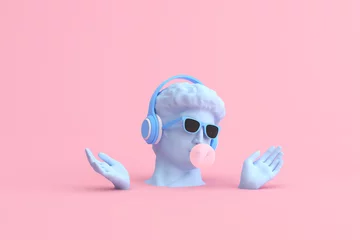 Foto op Canvas Minimal scene of sunglasses and headphone on human head sculpture, Music concept, 3d rendering. © nuchao