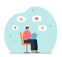 Woman seeing different reactions to post on social media. Girl with laptop, emoticons flat vector illustration. Communication, internet, technology concept for website design or landing web page