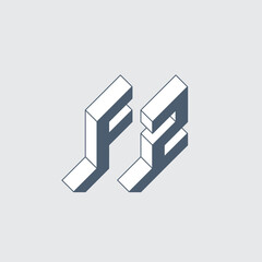 Letter F and number 2. F and Z - Monogram or logotype. Isometric 3d font for design. FZ - 2-letter code. Volume alphabet. Three-dimension letters. F2.