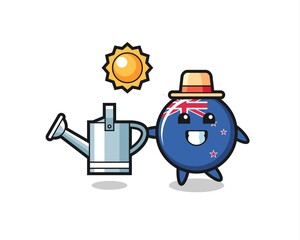 Cartoon character of new zealand flag badge holding watering can