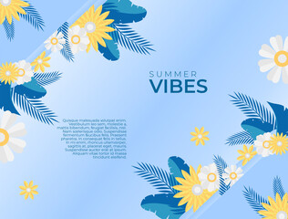 Obraz premium Trendy plants frame. Spring design background, color magic flowers, tropical abstract forest, decorative beautiful garden. Vector concept