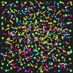 Confetti on isolated black background. Geometrical pattern with glitters. Texture for design. Print for banners, posters, flyers and textiles. Greeting cards