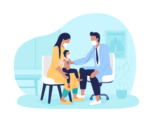 Mom and toddler appointment to doctor 2D vector isolated illustration. Diagnosing lung disorders in children with stethoscope flat characters on cartoon background. Well-child visit colourful scene