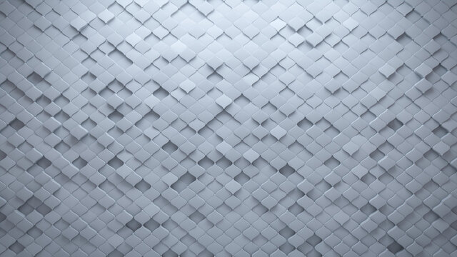 Polished, Semigloss Mosaic Tiles arranged in the shape of a wall. 3D, White, Bricks stacked to create a Arabesque block background. 3D Render