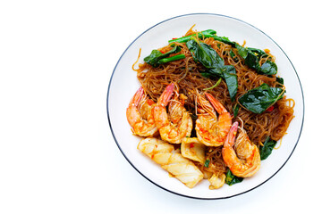 Spicy stir fried vermicelli with holy basil leaves and sea food