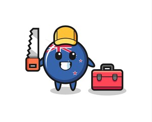 Illustration of new zealand flag badge character as a woodworker