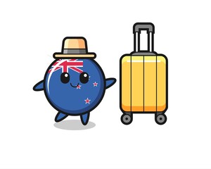 Obraz na płótnie Canvas new zealand flag badge cartoon illustration with luggage on vacation
