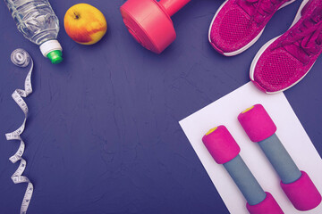sports equipment - clothes, sneakers, apple dumbbells and a bottle of water