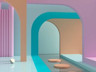 3d render. Abstract cosmetic background. Show a product. Empty scene with arches, water and spherical lights  in the floor. Pastel colors minimal wall. Fashion showcase, display case, shopfront.