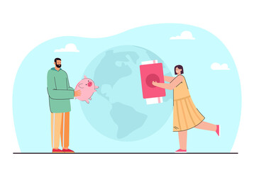 Married couple spending savings on holiday. Husband holding piggybank, wife with tickets, globe in background flat vector illustration. Traveling, finances, vacation concept for banner, website design