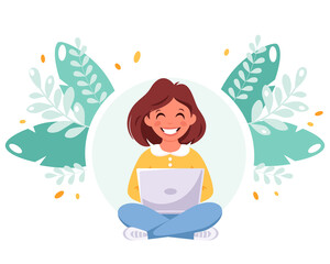 Girl studying with computer. Online learning, back to school concept. Vector illustration