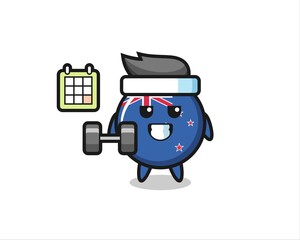 Fototapeta premium new zealand flag badge mascot cartoon doing fitness with dumbbell