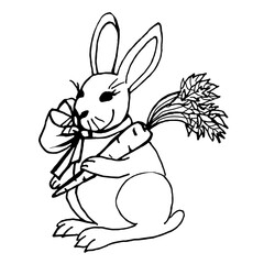 Doodle rabbit with a bow and carrot on a white background.Vector rabbit can be used in textiles, coloring pages,and postcards.