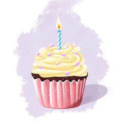 Illustration of a delicious chocolate cupcake with yellow lemon cream with a festive blue burning candle in a pink wrapper