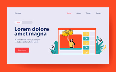 Obraz premium Blogger drawing prize for her followers. Video, communication, luck flat vector illustration. Lottery and social media concept for banner, website design or landing web page