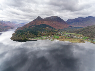 Aerial view of highlands in Scotland on a cloudy day