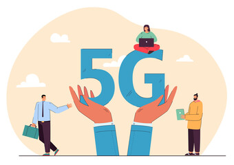 People using gadgets and huge hands holding 5G. Persons with wireless network flat vector illustration. Technology, internet, communication concept for banner, website design or landing web page